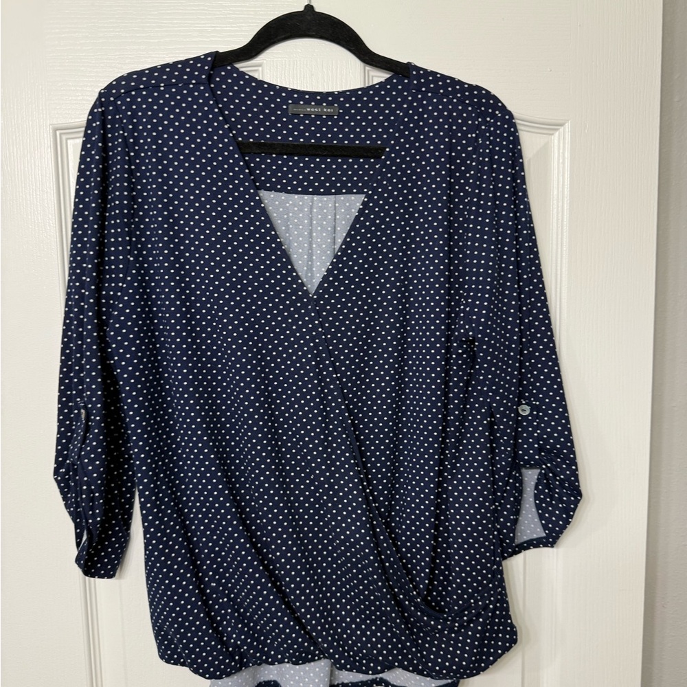 West Kei Blue Polka Dot Wrap Front Roll Tab Sleeve Sz XL Womens High-low Blouse